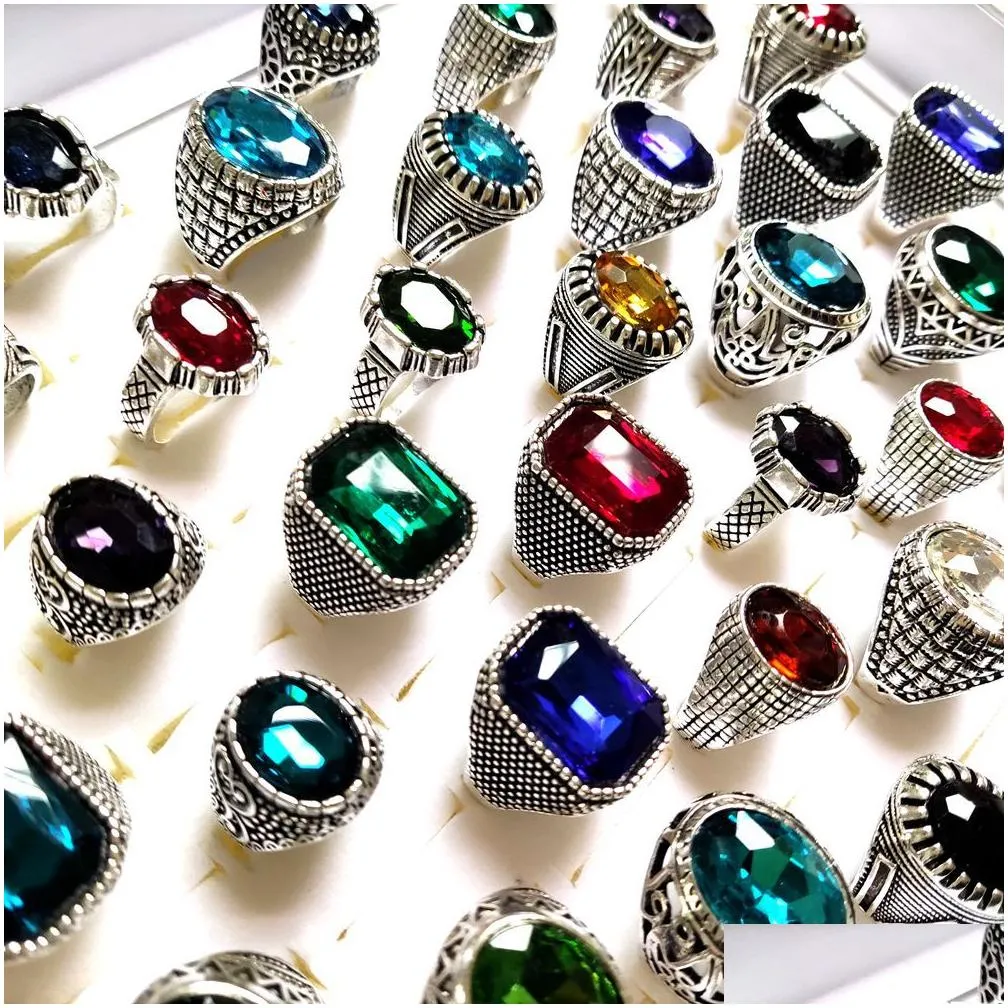 bulk lots 30pcs multi-styles mix big zircon stone silver rings for women vintage mens luxury antique crystal rings wholesale wedding jewelry birthday party