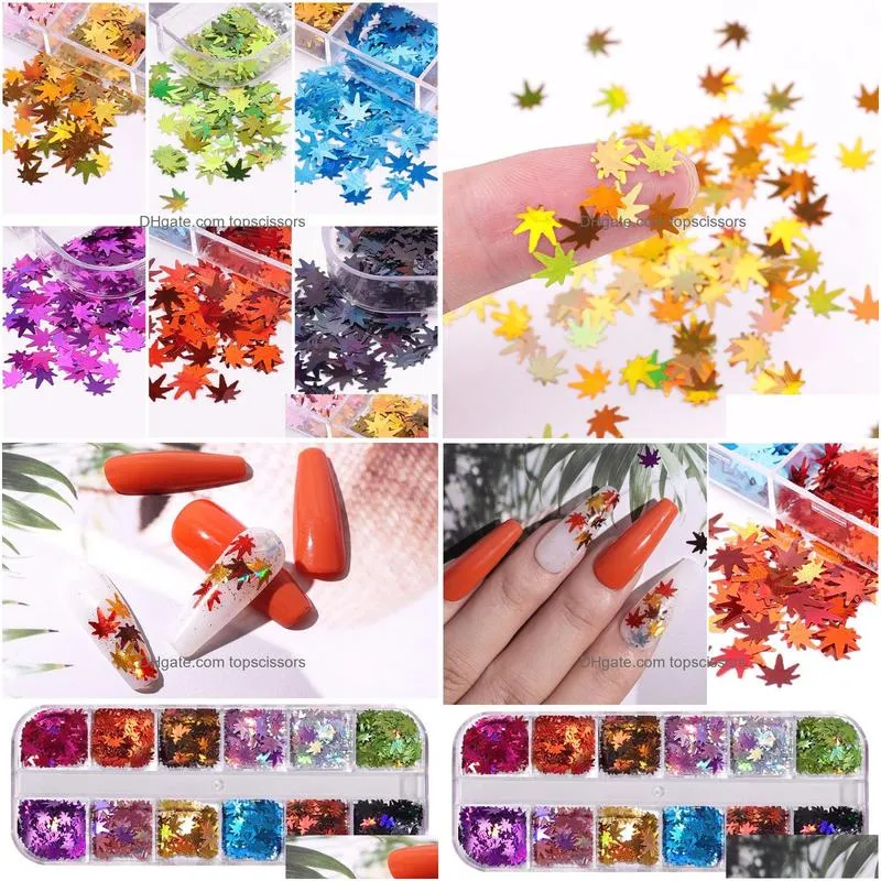 12 colors maple leaves nail art sequins holographic glitter flakes paillette fall leaf stickers for diy nails autumn decorations