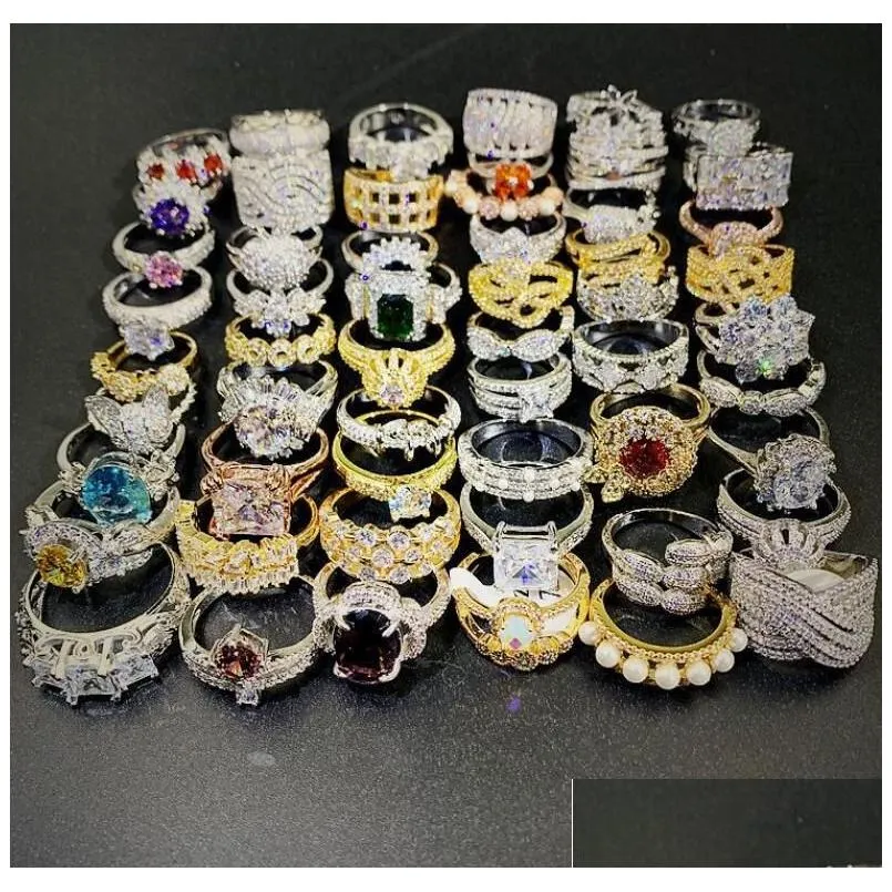 24pcs lot mix designs gemstone ring exaggerated micro pave zircon crystal 18k real gold plated rings wholesaler