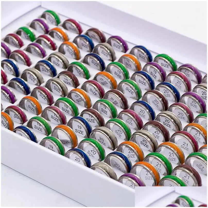 bulk lots 50pcs mixed mens band rings womens colorful cat eye stainless steel rings width 7mm sizes assorted wholesale fashion jewelry