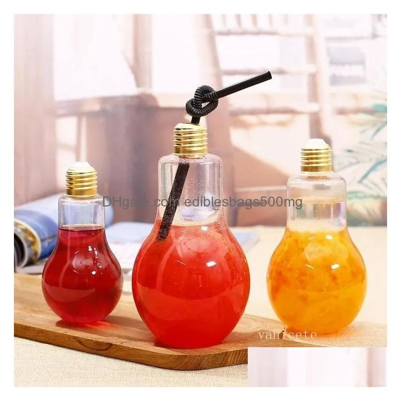 home led light bulb water bottle plastic milk juice waters bottle disposable leak-proof drink cup with lid creative drinkware by sea