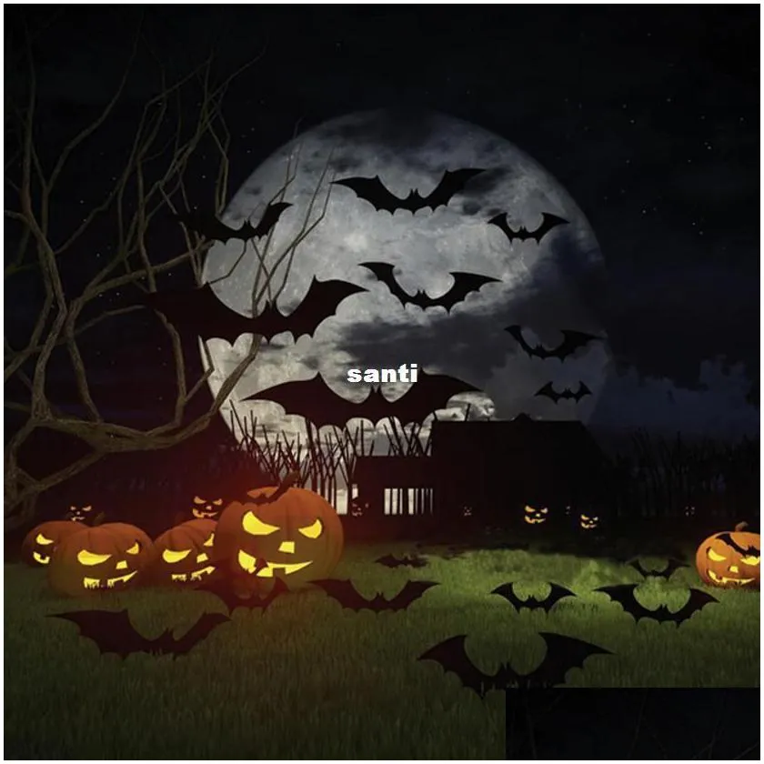 wholesale party decoration 12pcs/set black 3d diy pvc bat wall sticker decal home halloween