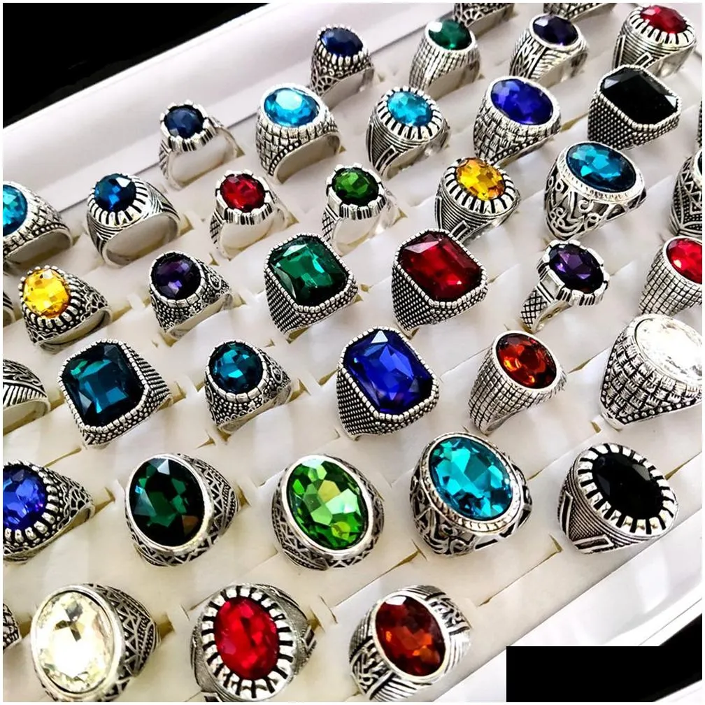 bulk lots 30pcs multi-styles mix big zircon stone silver rings for women vintage mens luxury antique crystal rings wholesale wedding jewelry birthday party