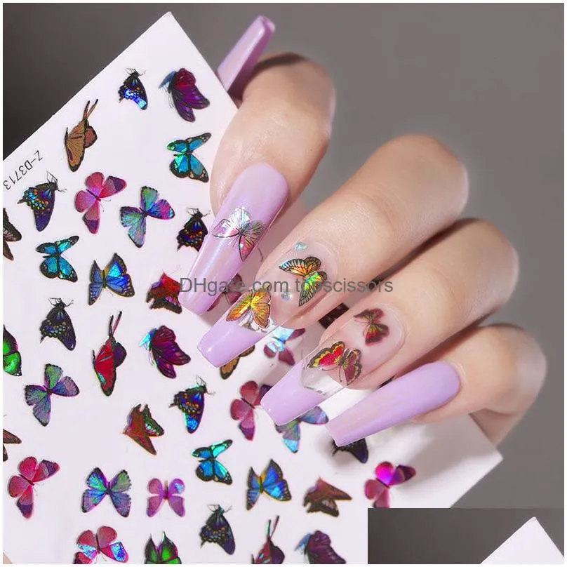 1sheet laser color butterfly nail art stickers holographic 3d gradient butterflies adhesive nails decals diy manicure decorations