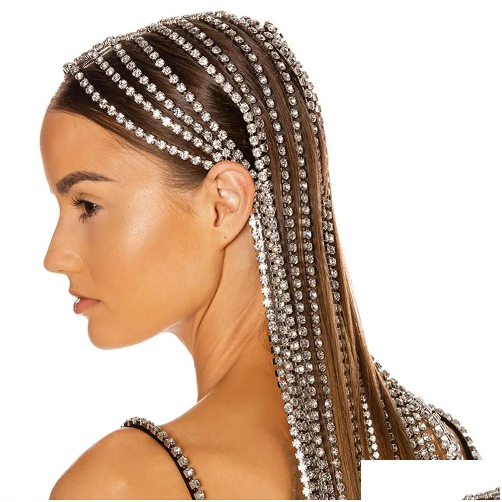long tassel rhinestone head chain headwear for women crystal wedding hair accessories bridal headband jewelry