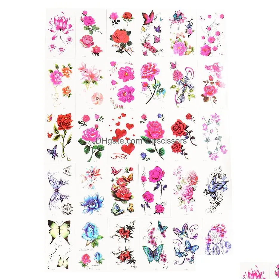30pcs/lot rose flower water transfer tattoo stickers butterfly women body arm fake sleeve art temporary decorations
