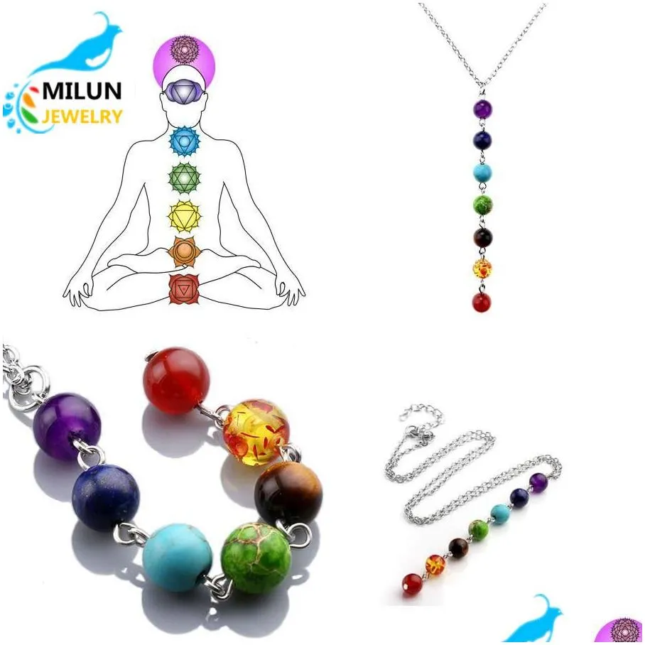 silver color simple style 7 chakra multicolor natural stone beads pendant necklace long chain for women charm collier collares yoga
