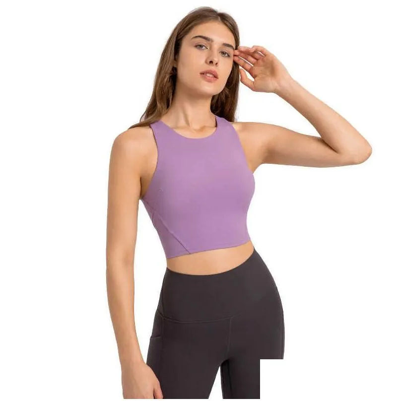 lu-07 racerback yoga tank tops women fitness sleeveless cami top sports shirt slim ribbed running gym shirts with built in bra