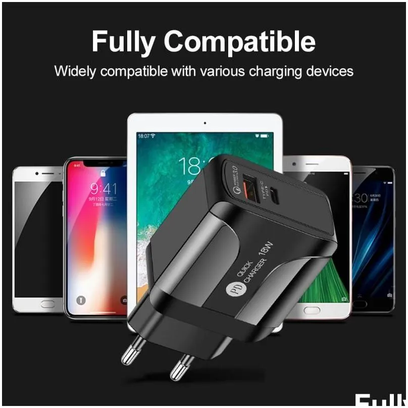 usb pd 18w quick charge 3a qc 3.0 mobile phone chargers usb type c outputs 2 in 1 power supply adapter suit for eu us uk socket
