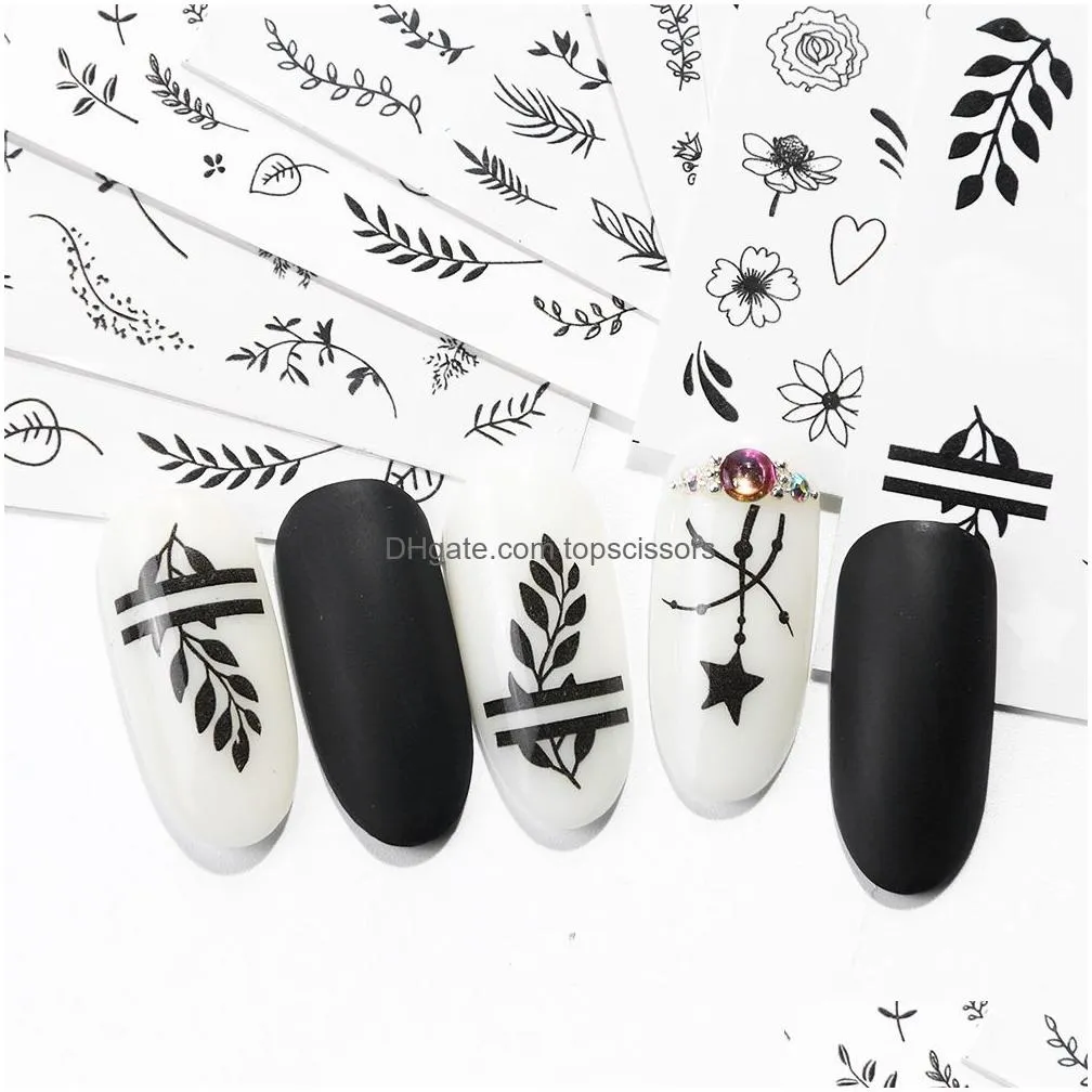 water nail stickers decal black flowers leaf transfer nails art decorations slider manicure watermark foil tips