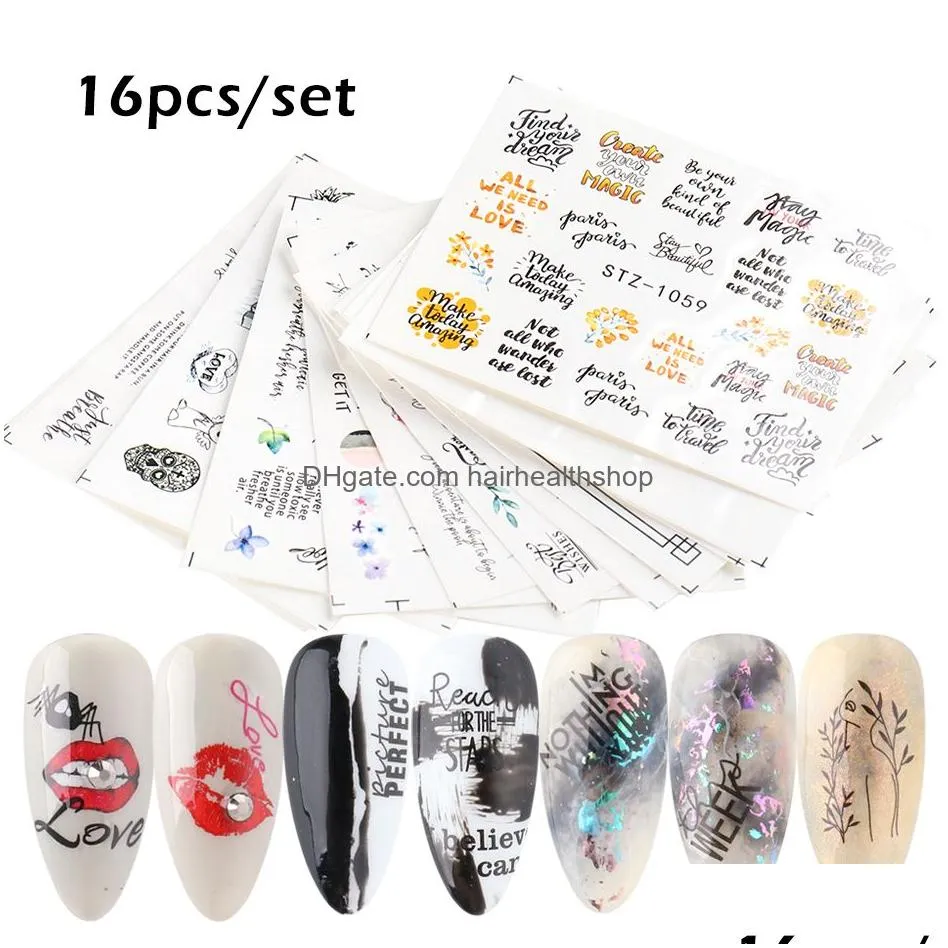 16pc/pack snake print nail art stickers cat skull decal water tattoo black sliders on nails acrylic manicure decor set chstz1050-1065