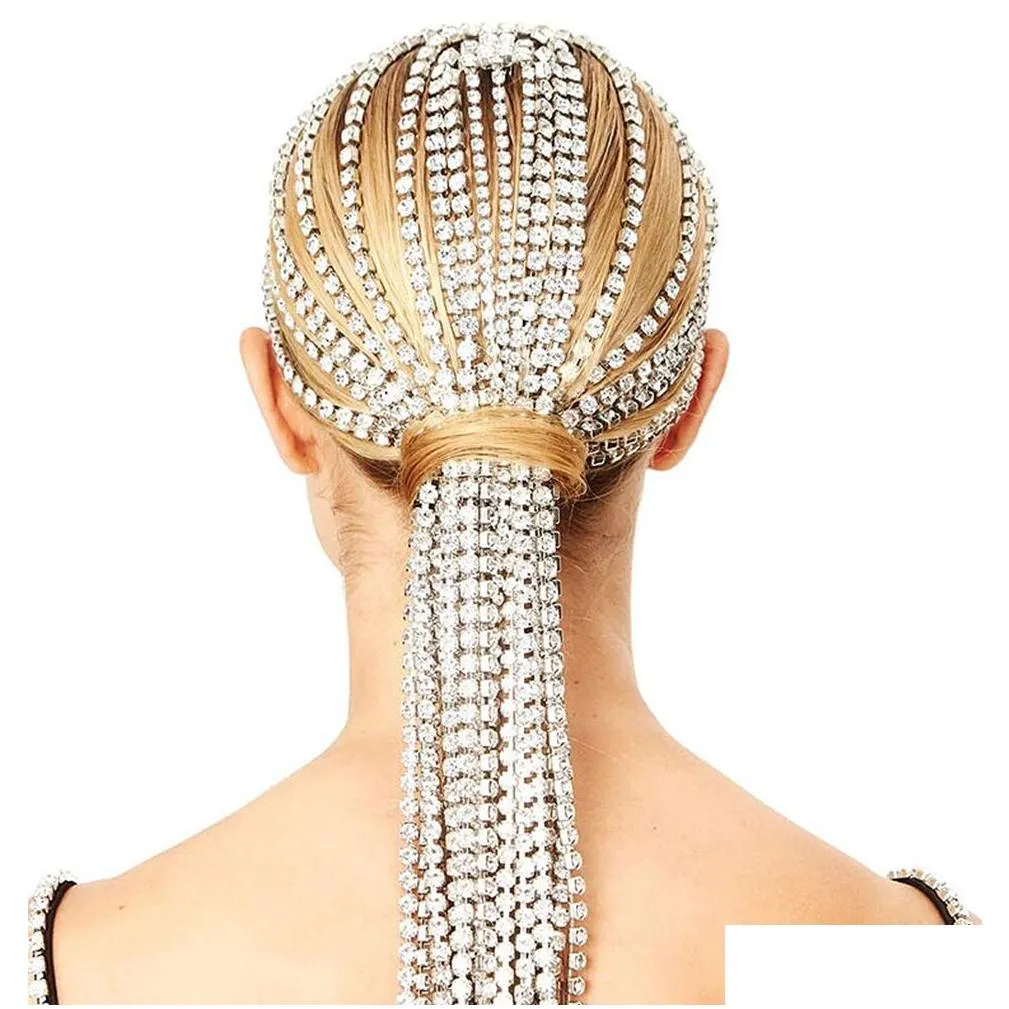 long tassel rhinestone head chain headwear for women crystal wedding hair accessories bridal headband jewelry