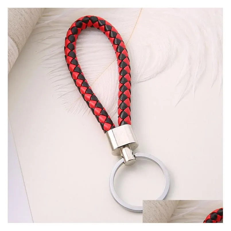 cr jewelry new handmade pu leather keychain braided string rope metal key ring woven cord chains holder diy jewelry accessories