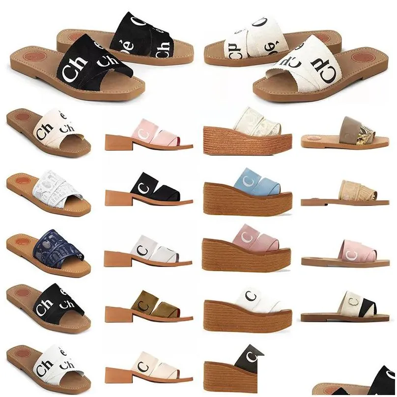 designer slippers woody sandals for women mules flat slides luxury light tan beige white black pink lace lettering fabric canvas slippers women summer outdoor