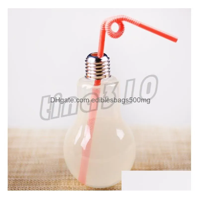 home drinkware tools light bulb beverage bottle milk tea bottle plastic juice bottles creative yogurt cups with straw cup 4679