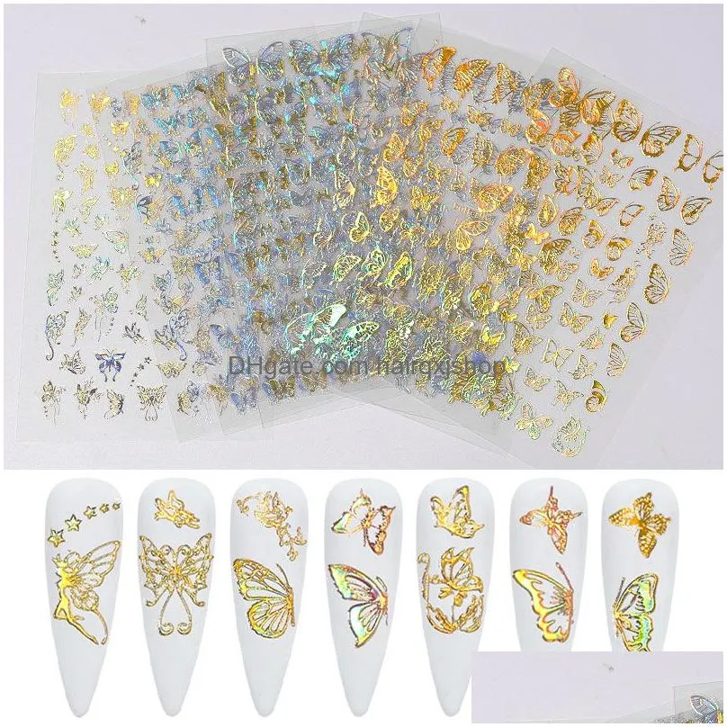 gold silver nail art laser butterfly stickers spring summer butterfly metal sticker decals holographic manicure decorations