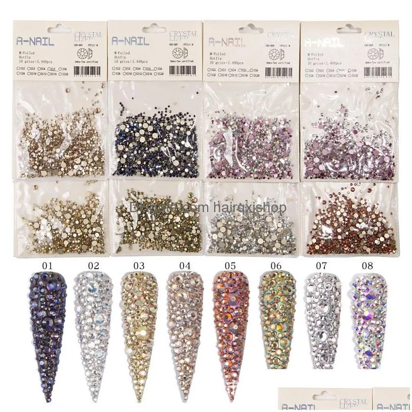 1440pcs/pack nail rhinestone ss2-ss20 flat bottom ab flame crystal rose gold row drill shiny glass diamond 3d nails art decor charm