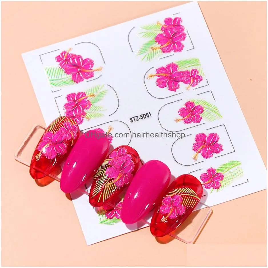 5d embossed rose nail sticker blooming engraved leaf water slider for nails art decorations decal flower manicure