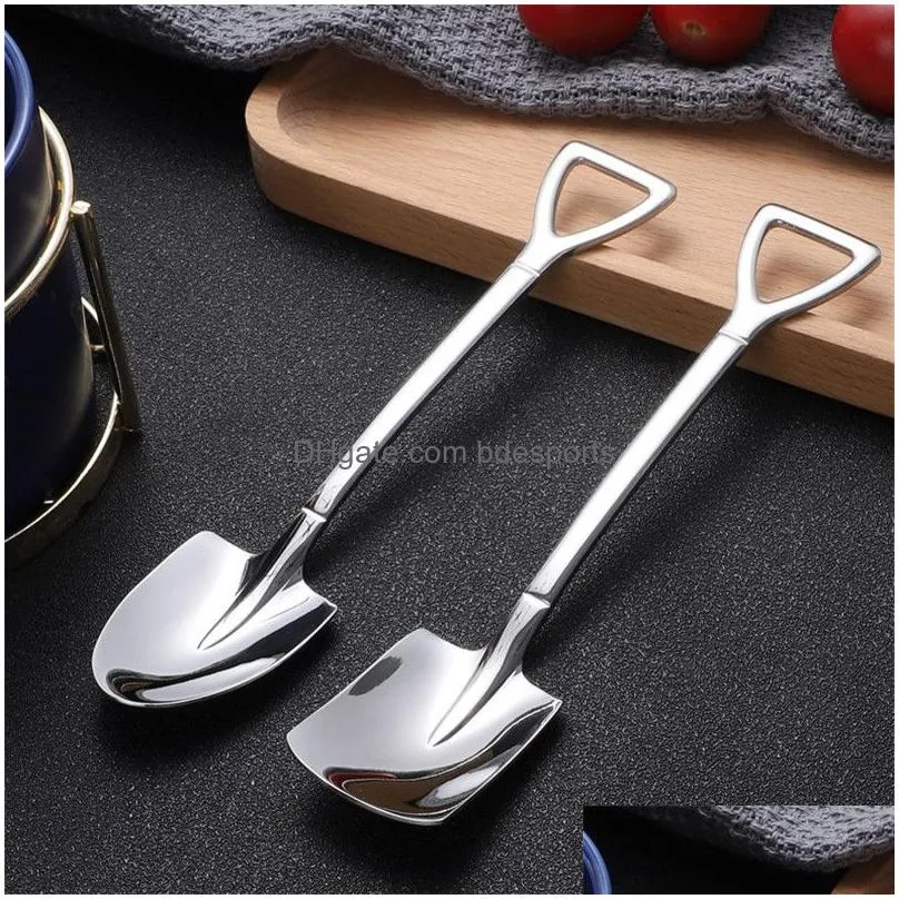 stainless steel spoon mini shovel shape coffee ice cream desserts scoop fruits watermelon square spoons creative kitchen tools