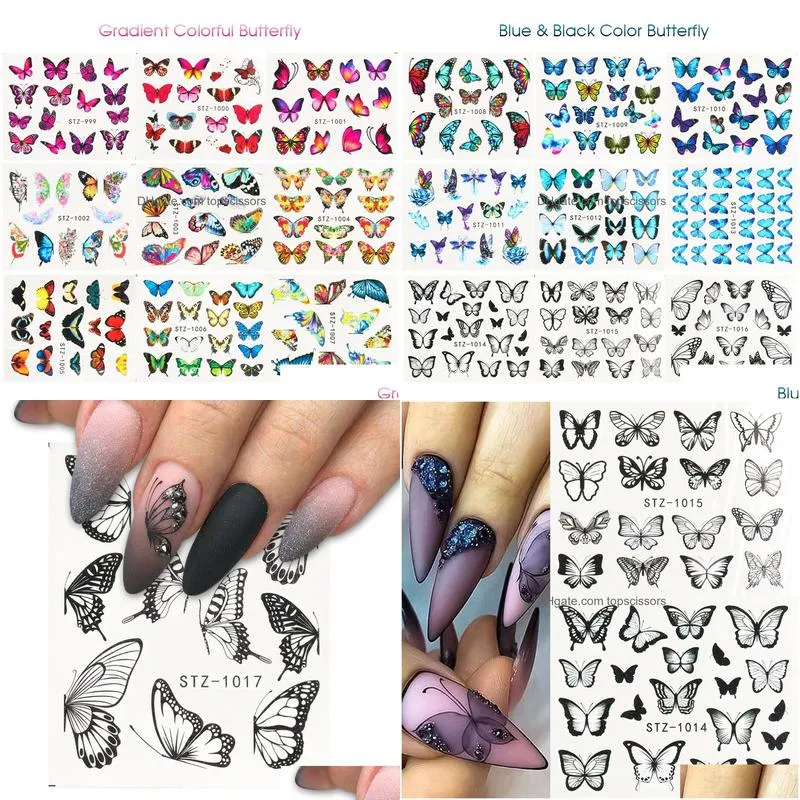 30 styles black butterfly nail decals and stickers flower blue colorful water tattoo for manicures nail art slider decor np002