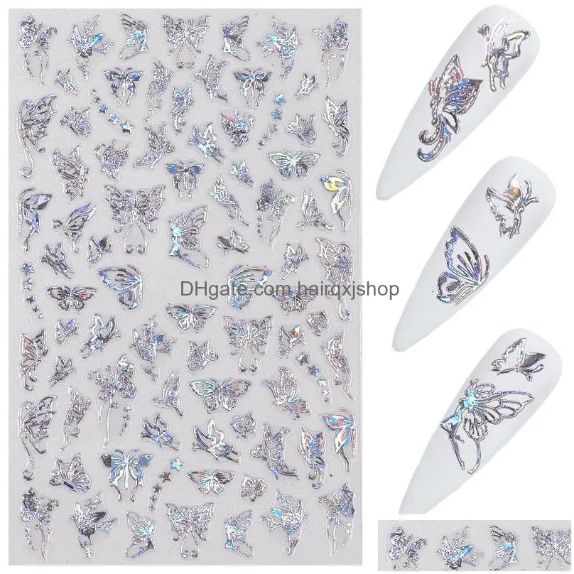 gold silver nail art laser butterfly stickers spring summer butterfly metal sticker decals holographic manicure decorations
