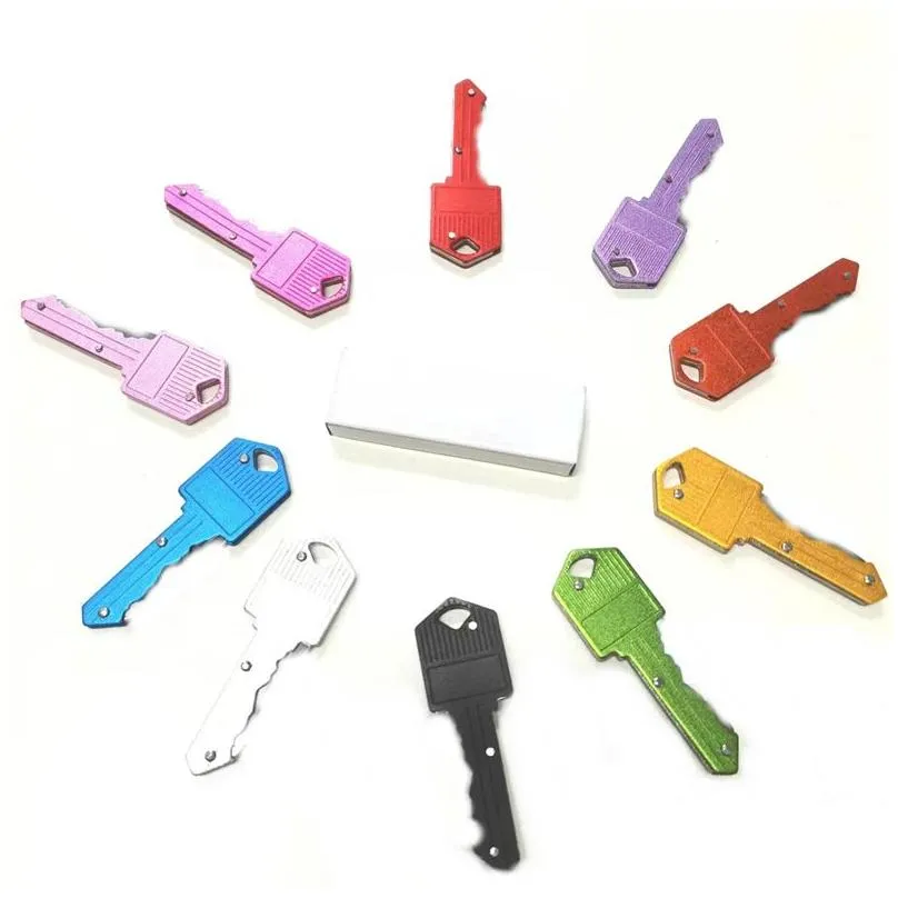 10 colors mini folding knife keychain outdoor gadgets key shape pocket fruit knifes multifunctional tool key chain saber swiss self-defense