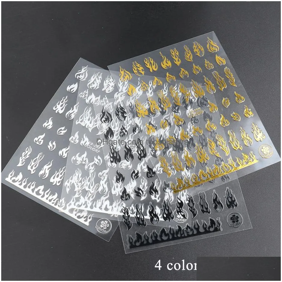 fire flame 3d nail stickers gold white black nails art foil decal slider winter adhesive manicure decoration accessorieschcb205