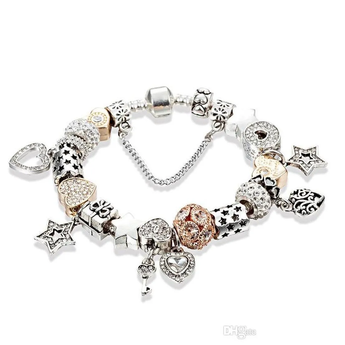 designer jewelry 925 silver bracelet charm bead fit pandora plated heart-shaped and key slide bracelets beads european style charms beaded