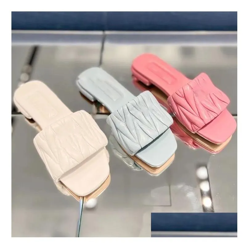 2023 2miu slippers women flat sandals matelasse slide shoes mm fashion top quality designer banquet summer leather sandals multicolor flat heel mule size