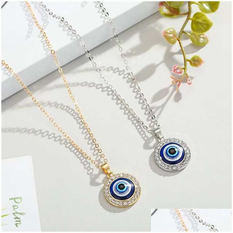 blue evil eye necklaces luxury crystal rhinestone round pendant clavicle necklace silver gold choker jewelry fashion charm lucky turkey devil eyes christmas