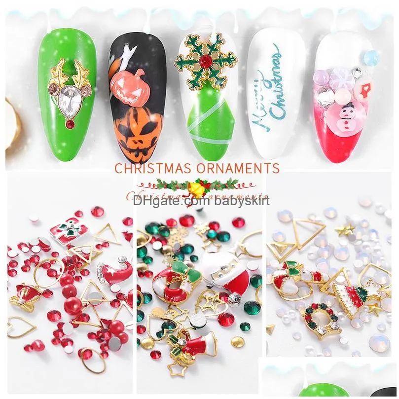 christmas nail art decorations mix metal studs crystal rhinestones snowflake tree hat sock alloy decor manicure accessories