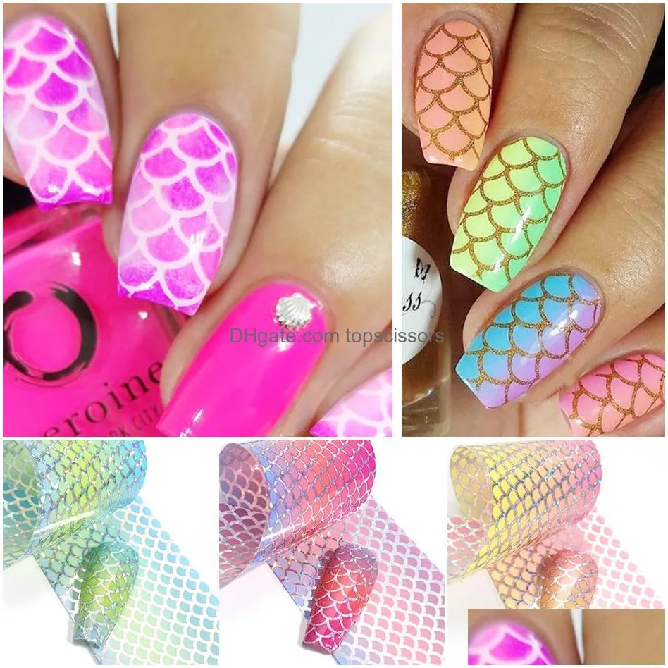 10pcs/pack nail foil stickers mermaid fish scale set holographic pink green nail art adhesive gilding sliders manicure decor ch9114