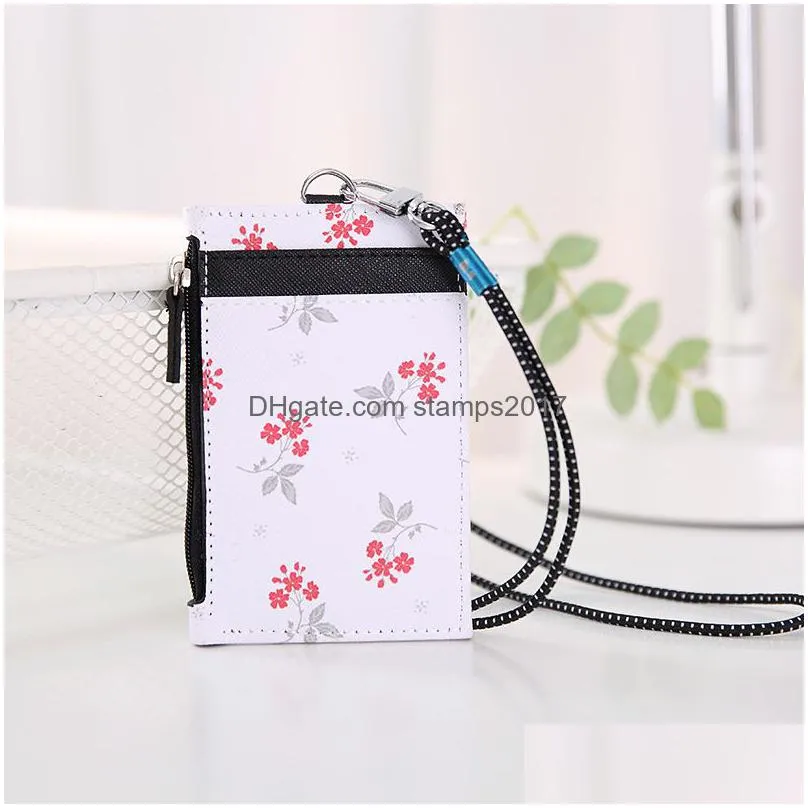 flower print pu leather card holderschool business cards files bag neck strap with lanyard holiday birthday gift