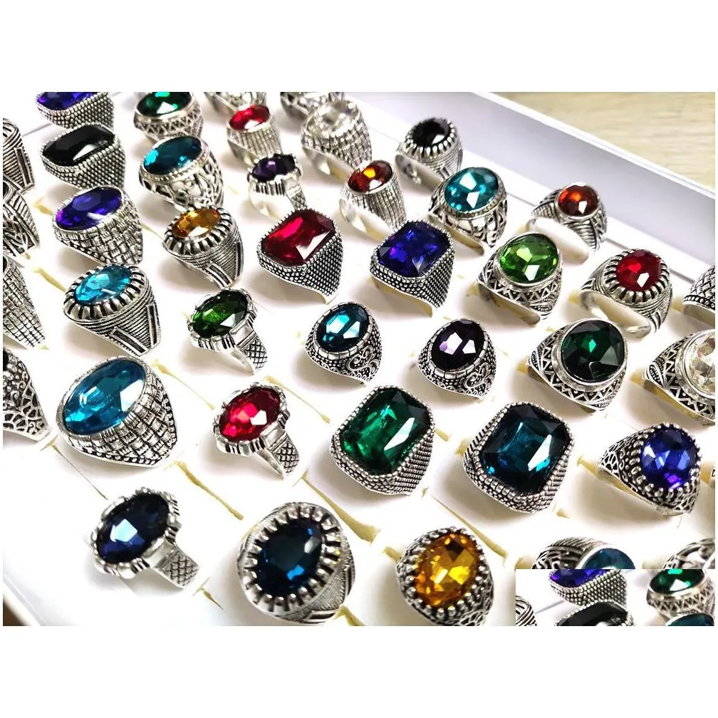 bulk lots 30pcs multi-styles mix big zircon stone silver rings for women vintage mens luxury antique crystal rings wholesale wedding jewelry birthday party