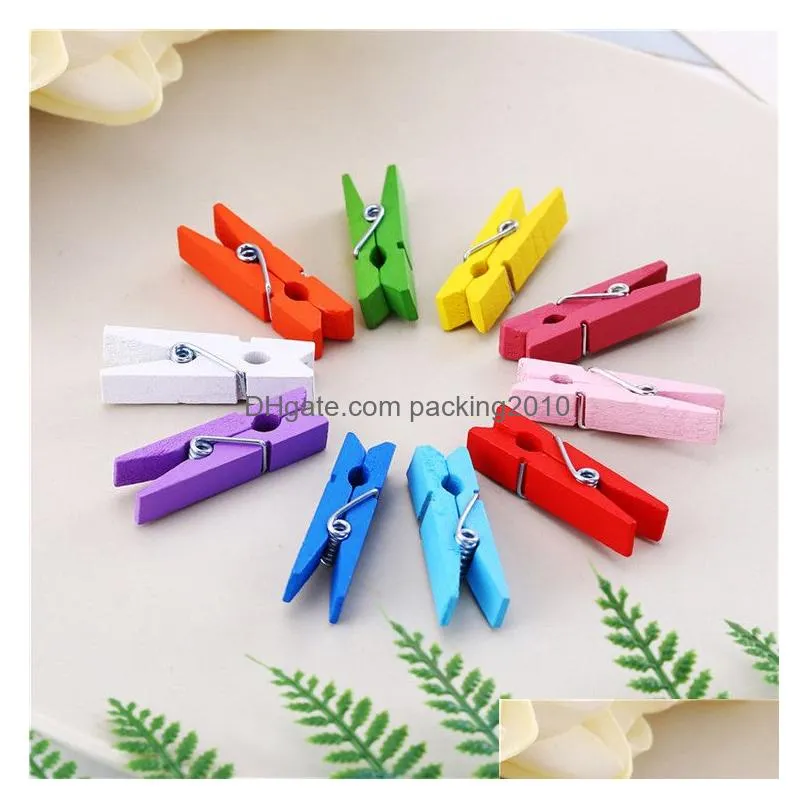 100pcs/lot mini spring wood clips clothespins colorful wooden craft pegs hanging clothes paper photo paper peg pin diy clips 12bag