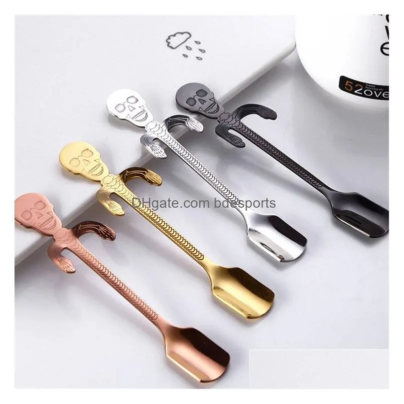 304 stainless steel skeleton coffee spoon personality skull pattern coffee milk hanging spoon kitchen skull candy spoon 50pcs t1i857