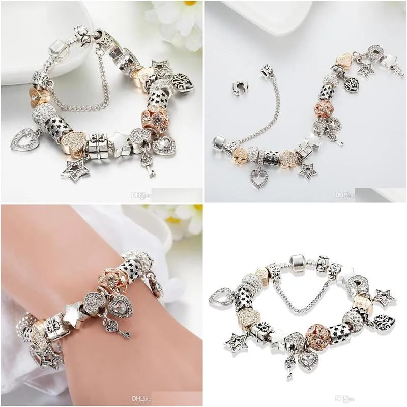 designer jewelry 925 silver bracelet charm bead fit pandora plated heart-shaped and key slide bracelets beads european style charms beaded