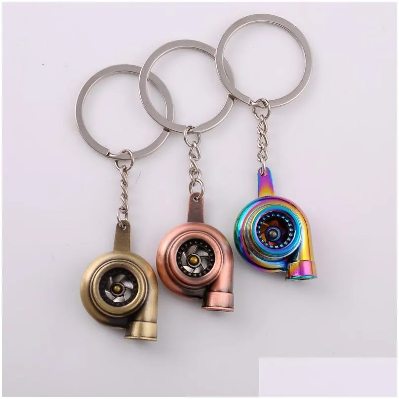 7 colors metal turbo keychain sleeve bearing spinning auto part model turbine turbocharger key chain ring keyfob keyring