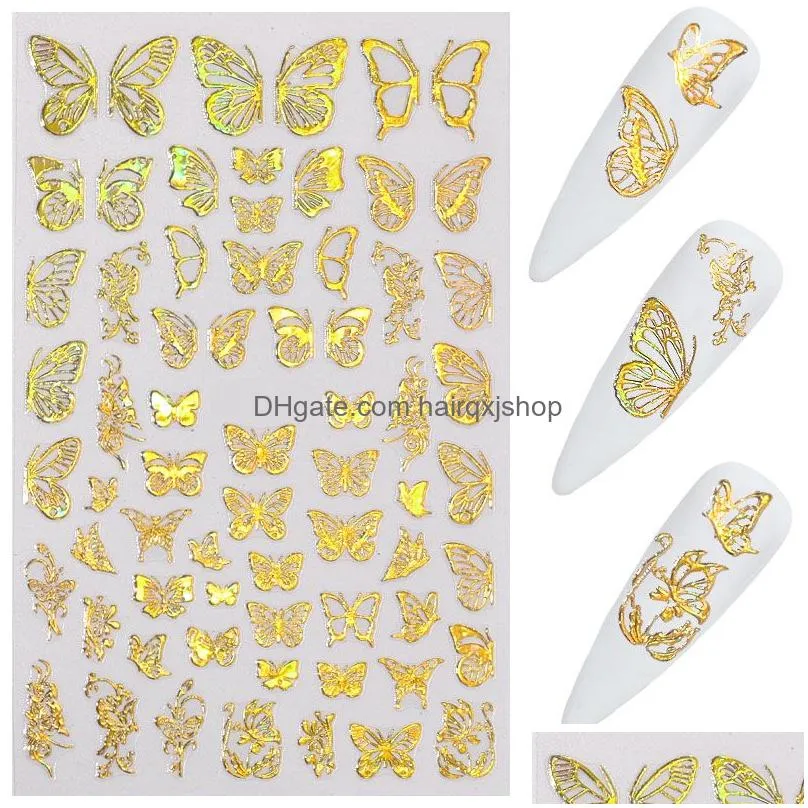 gold silver nail art laser butterfly stickers spring summer butterfly metal sticker decals holographic manicure decorations