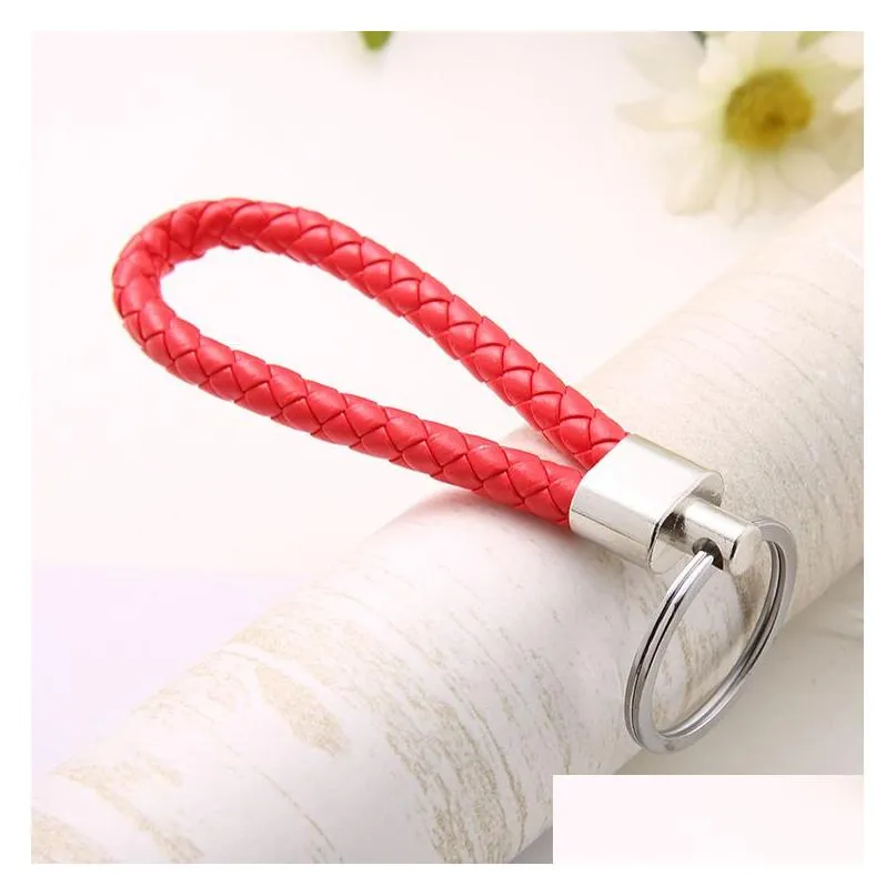 cr jewelry new handmade pu leather keychain braided string rope metal key ring woven cord chains holder diy jewelry accessories