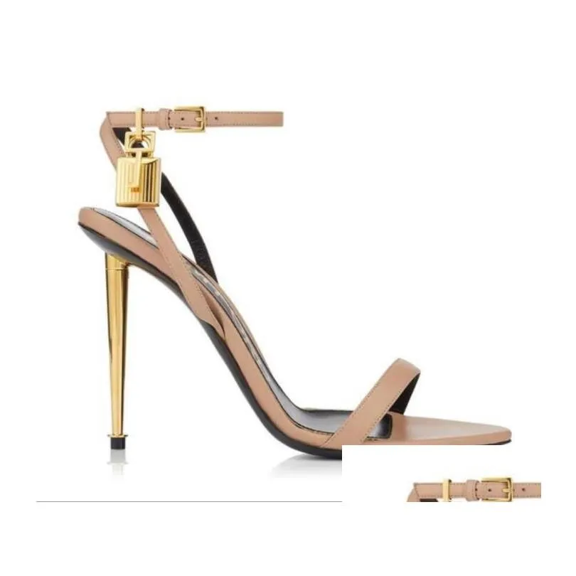 luxury sandal woman sandals high heels tom-f-sandal shiny genuine leather padlock pointy toe naked sandalies 105mm gold heels ankle strap with