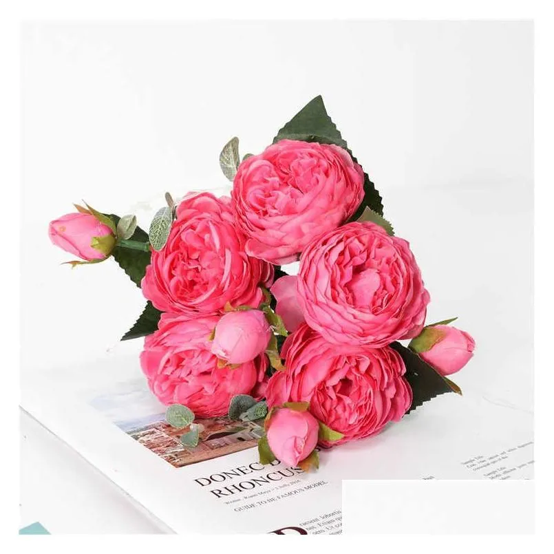 1 bouquet big head and 4 bud fake flowers for home wedding decoration rose pink silk peony artificial flowers y0630