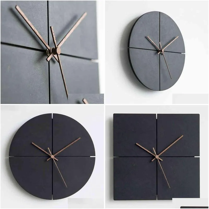 wooden wall clock with walnut hands silent quartz round / square decorative clock for living room home office black h1230