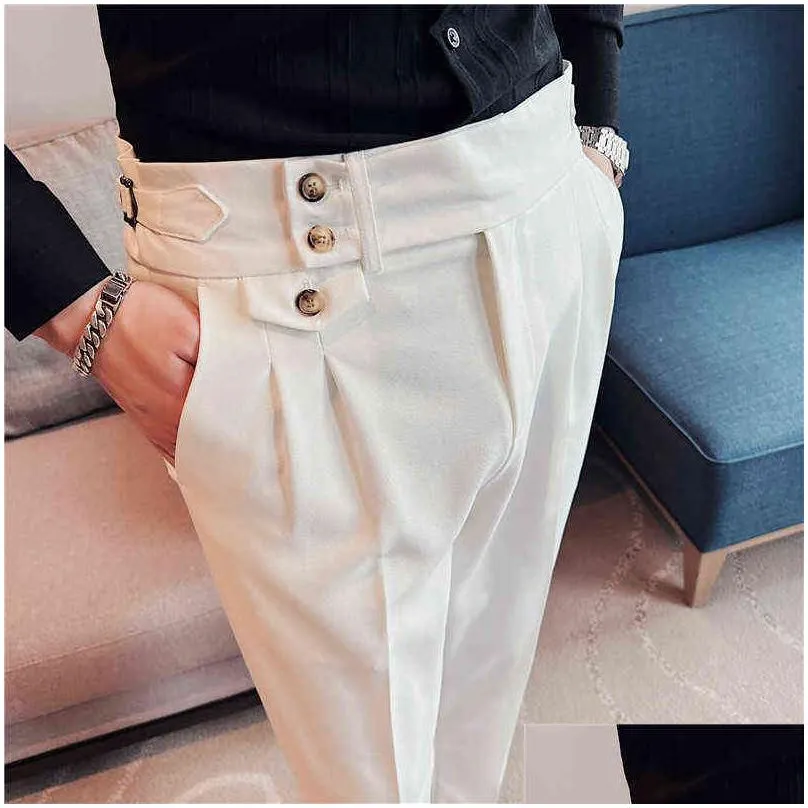 2022 dress pants men british high waist straight pants men social trousers belt pant italian mens formal pant pantalones l220702