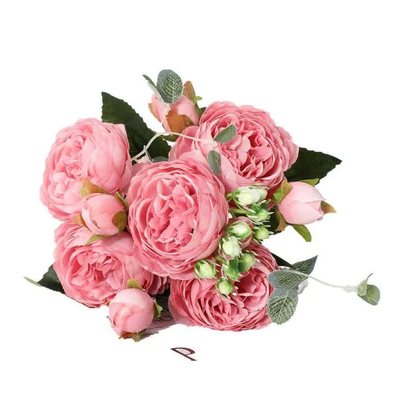 1 bouquet big head and 4 bud fake flowers for home wedding decoration rose pink silk peony artificial flowers y0630