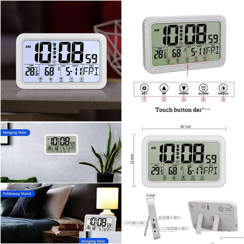 large number electronic wall clock temperature humidity display snooze alarm clock hanging/desktop digital clock battery powered h1230