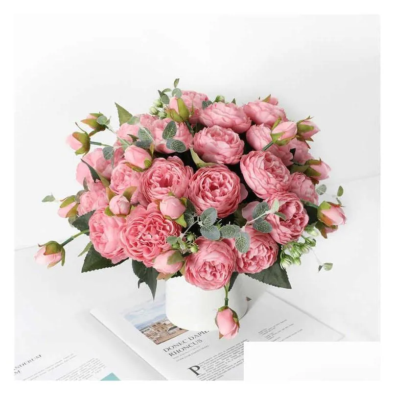 1 bouquet big head and 4 bud fake flowers for home wedding decoration rose pink silk peony artificial flowers y0630