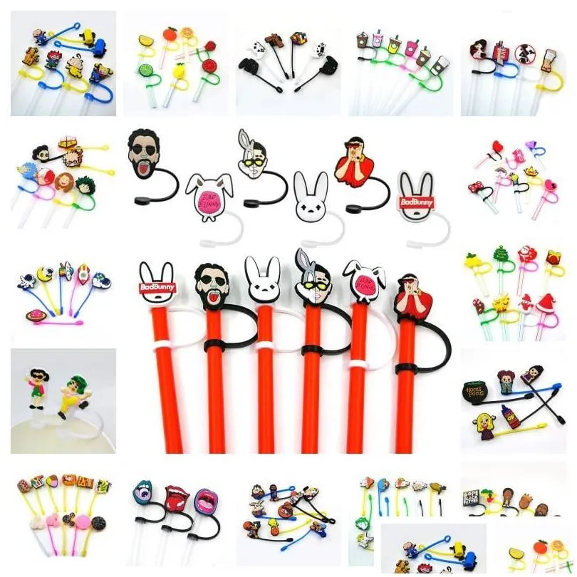 custom bad bunny etc pattern soft silicone straw toppers accessories cover charms reusable splash proof drinking dust plug decorative 8mm straw party