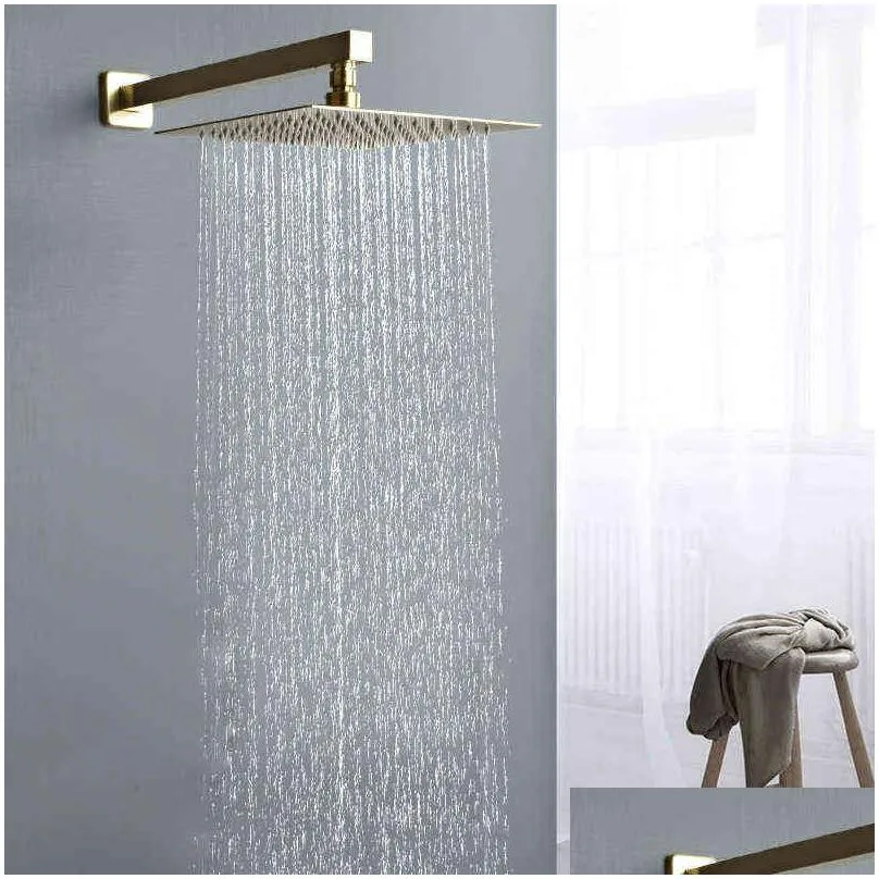 brushed gold rainfall shower head bathroom stainless steel 8/10/12/16 inch top shower head with wall ceiling mounted shower arm h1209