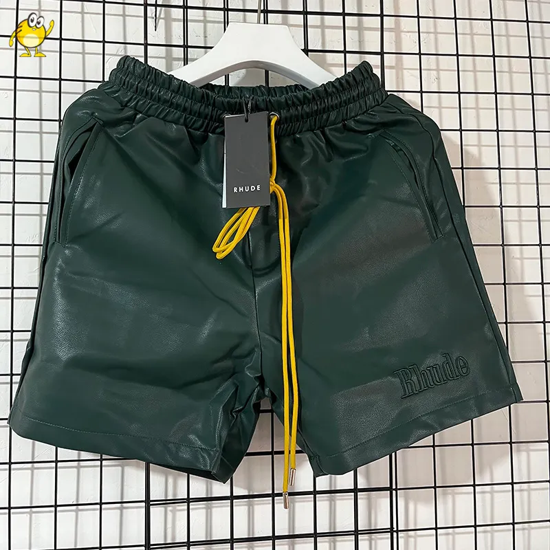 Unisex PU Leather Shorts with Letter Embroidery - Green, Black, Burgundy | Summer Streetwear